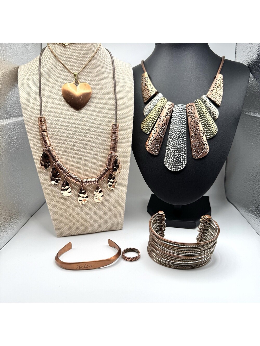 Copper Tone Jewelry Lot 6pc SOLID Copper Cuff Copper Tone Bib Necklaces & Ring
